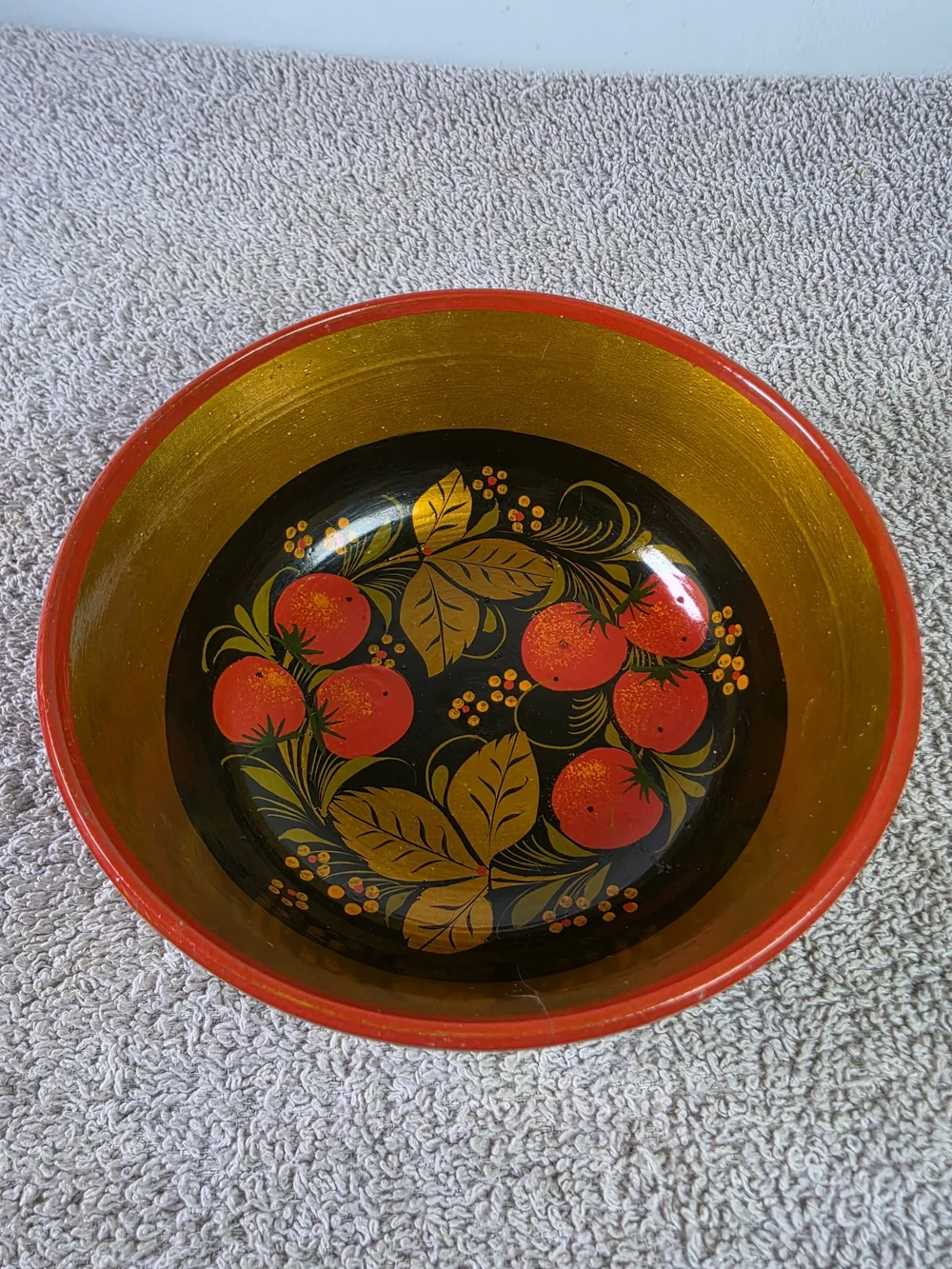 Vintage Russian Khokhloma Hand - Painted Lacquered Wood Bowl